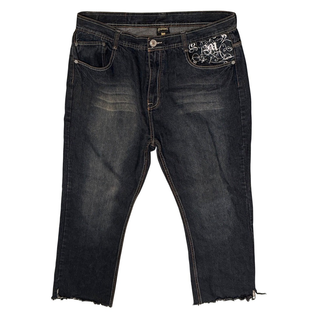 Y2K Makaveli Branded Hip-Hop Mens Embroidered Denim Jeans Eagle Dark Wash Sz 40 - Picture 3 of 7
